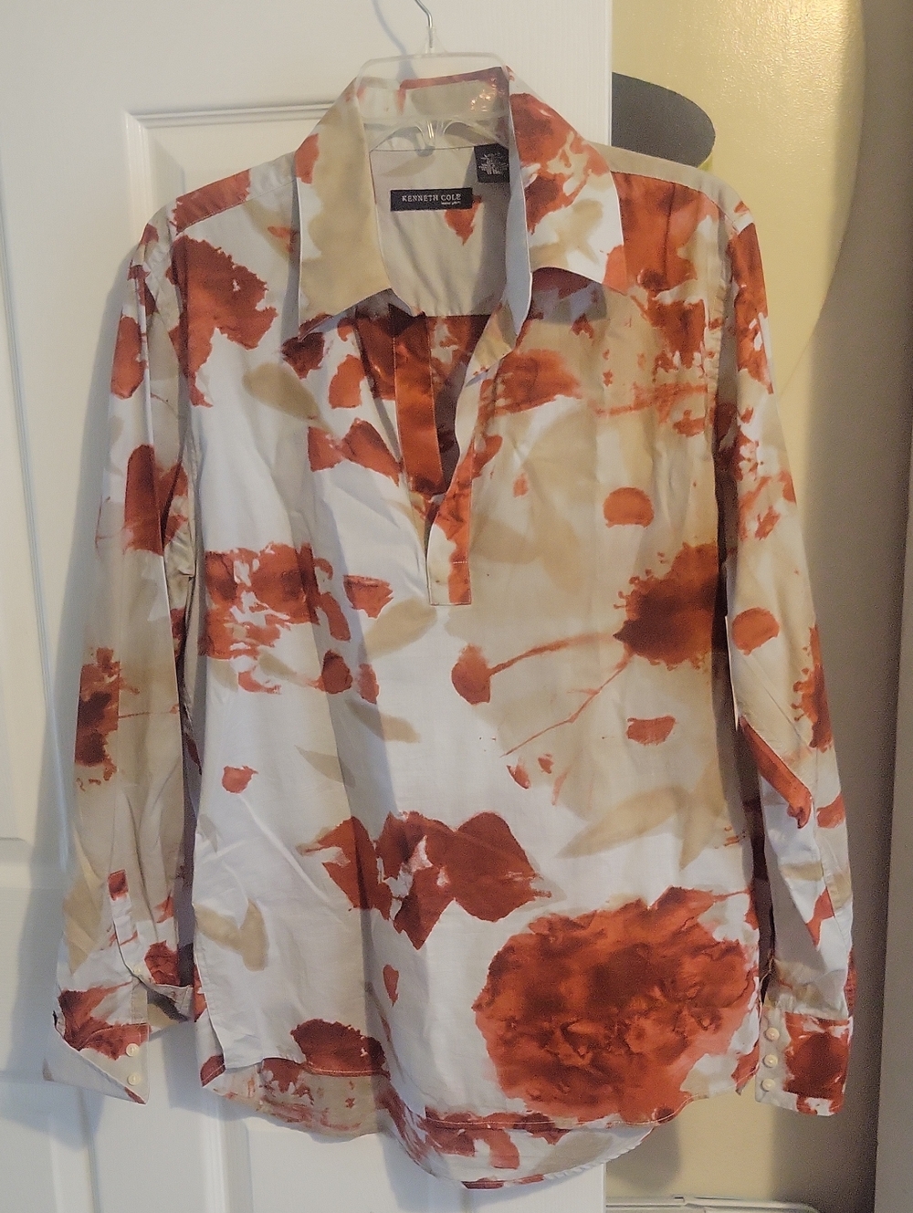 Kenneth Cole SzLg Cotton Tan, Rust Abstract Floral VNeck Pullover Tunic Shirt